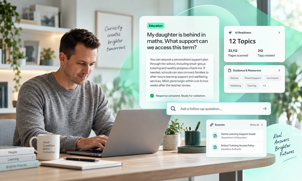 Man sitting at desk with laptop with conversational search examples
