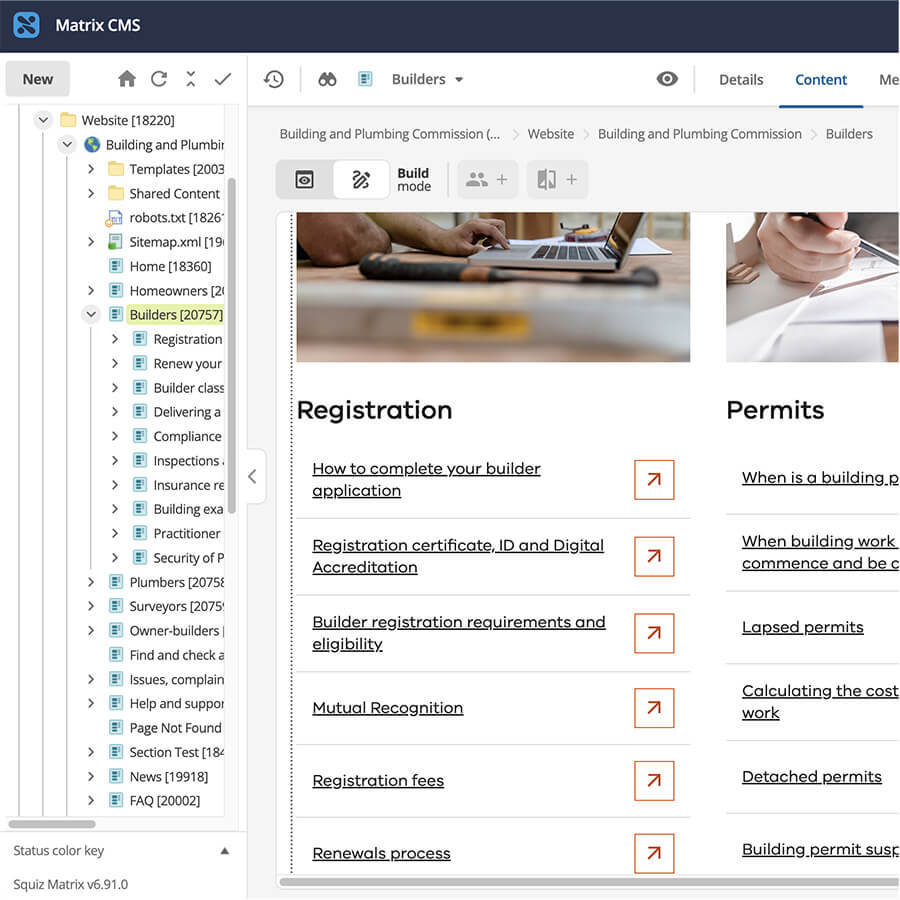A screenshot from within the Squiz CMS that Deepend built for BPC. It has a webpage open in editing mode.