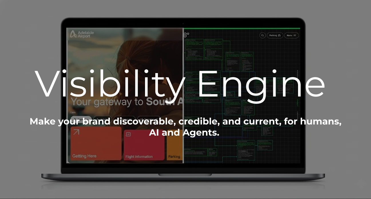 Laptop concept for Visibility Engine Make your brand discoverable, credible, and current, for humans, AI and Agents. 