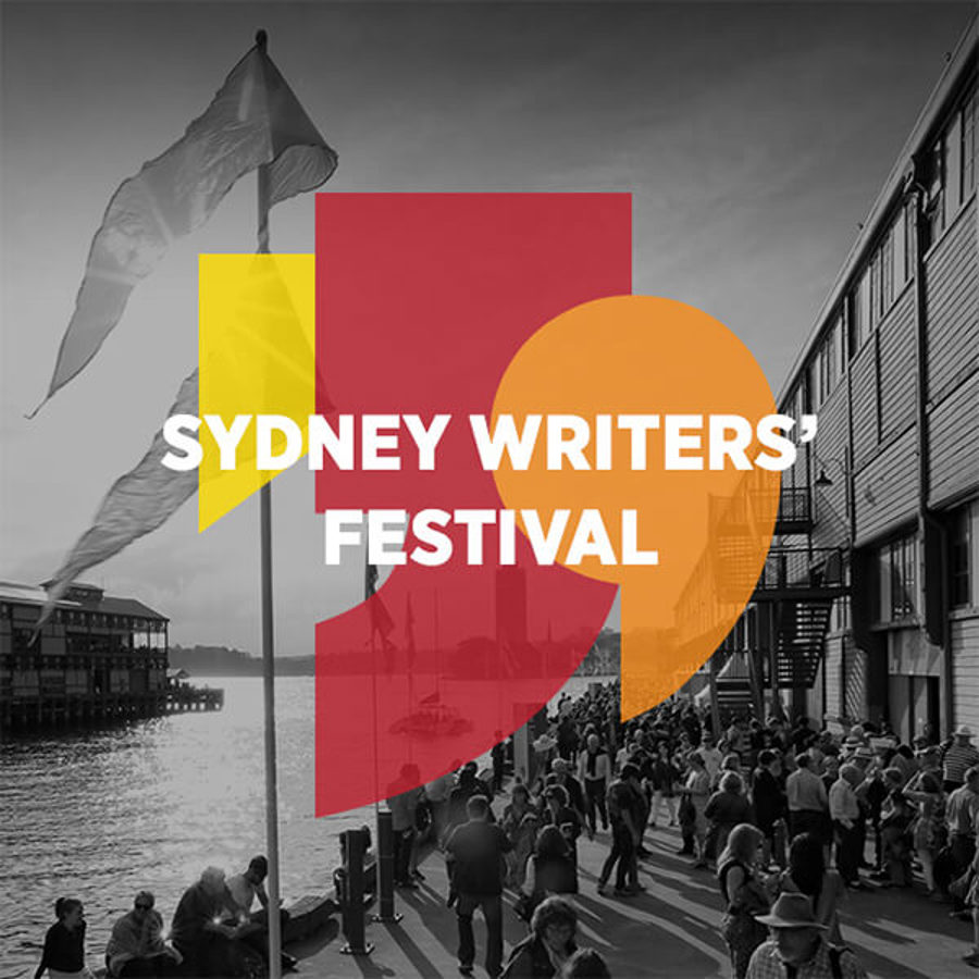 Black & white background image with Sydney Writers Festival Logo