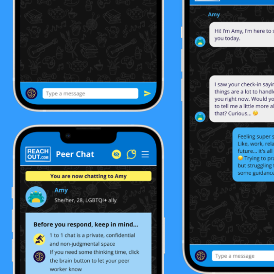 Screenshot of ReachOut PeerChat app on mobile devices showing UX design interface