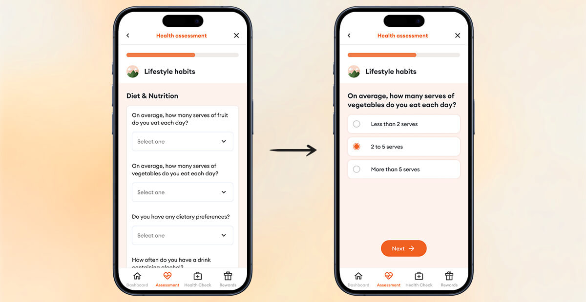 Example of a mobile screen with too many questions on the left, and a mobile and user optimised screen with one question and an easy to see button on the right.