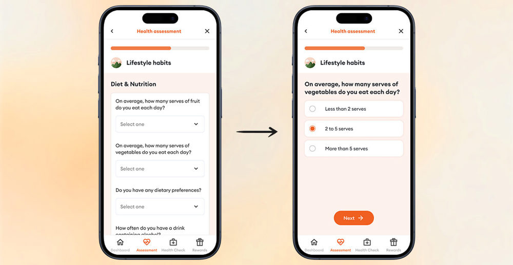 Example of a mobile screen with too many questions on the left, and a mobile and user optimised screen with one question and an easy to see button on the right.