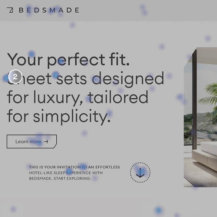 Bedsmade website heatmap showing visitors engaging across multiple sections, leading to user confusion. 