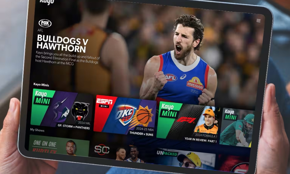 Kayo homepage on a tablet displaying SplitView feature to customise content suggestions for hyperpersonalisation. 