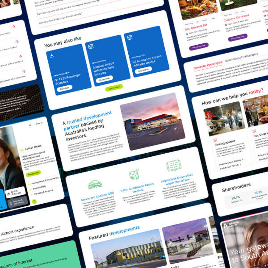 Examples of modules created for the Adelaide airport website ecosystem, across their multiple brands and websites