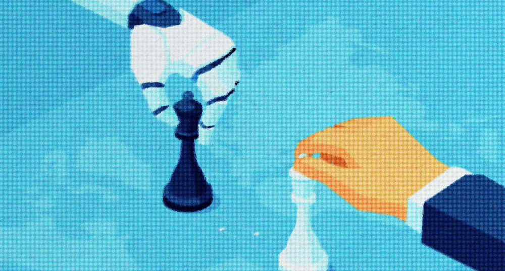 Robot and human playing chess on a board resembling earth