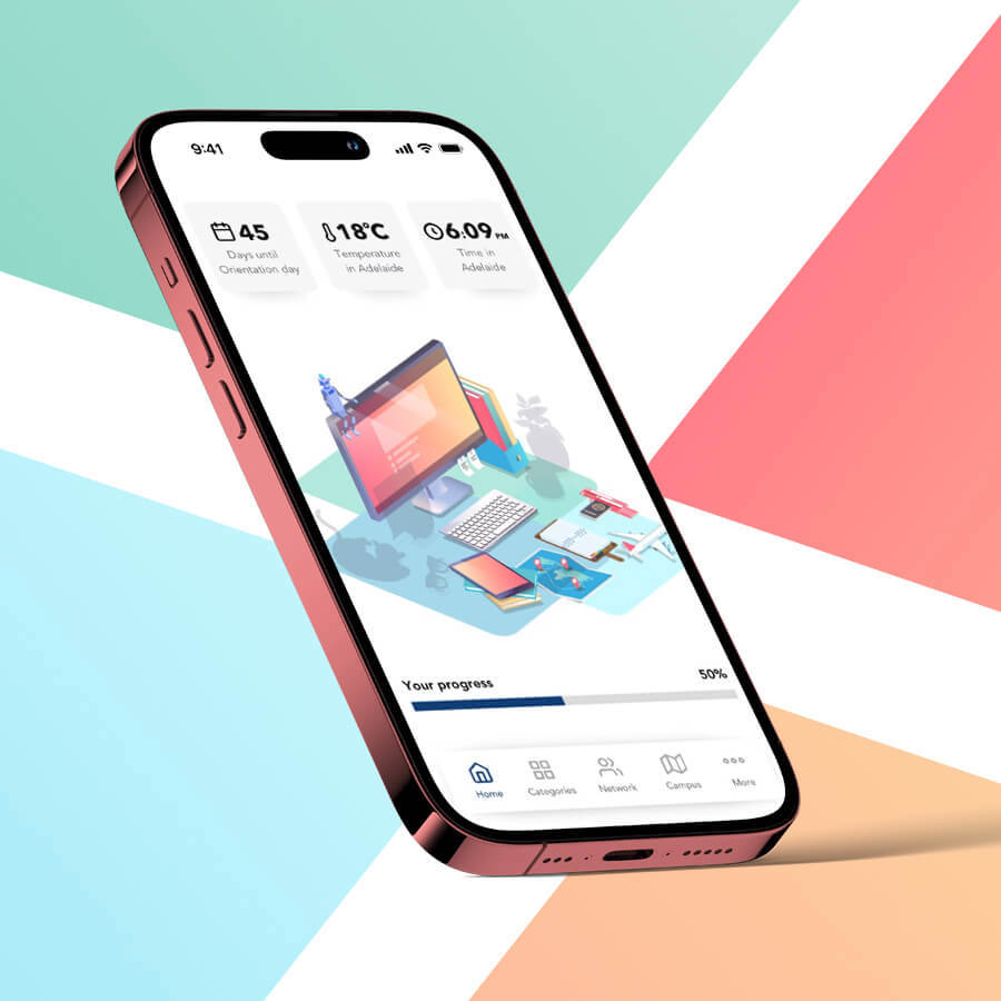 Homepage view of the Navitas Orientation Go app on mobile phone