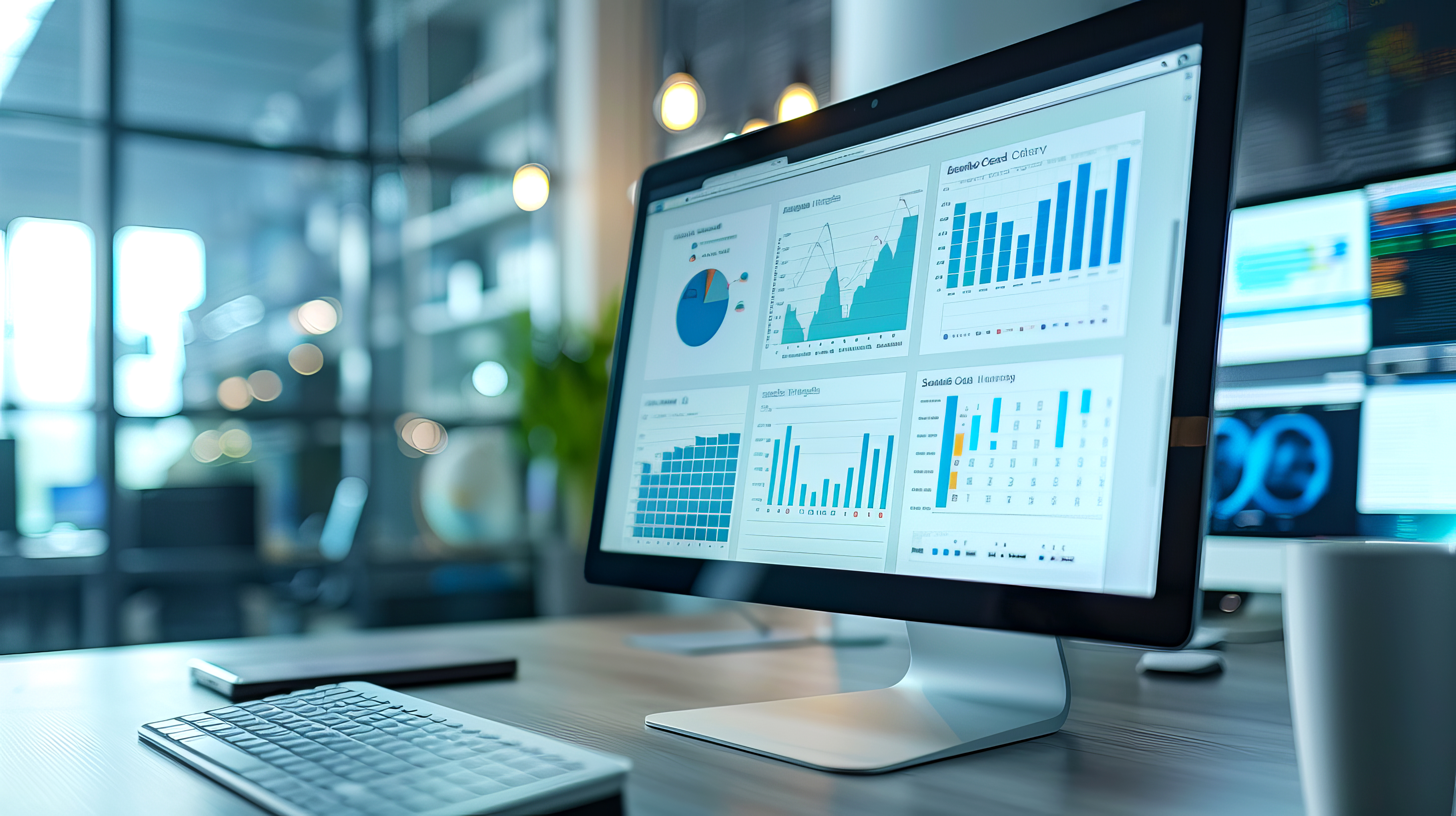 Computer with various dashboards, graphs, charts and analytics - measuring marketing performance.