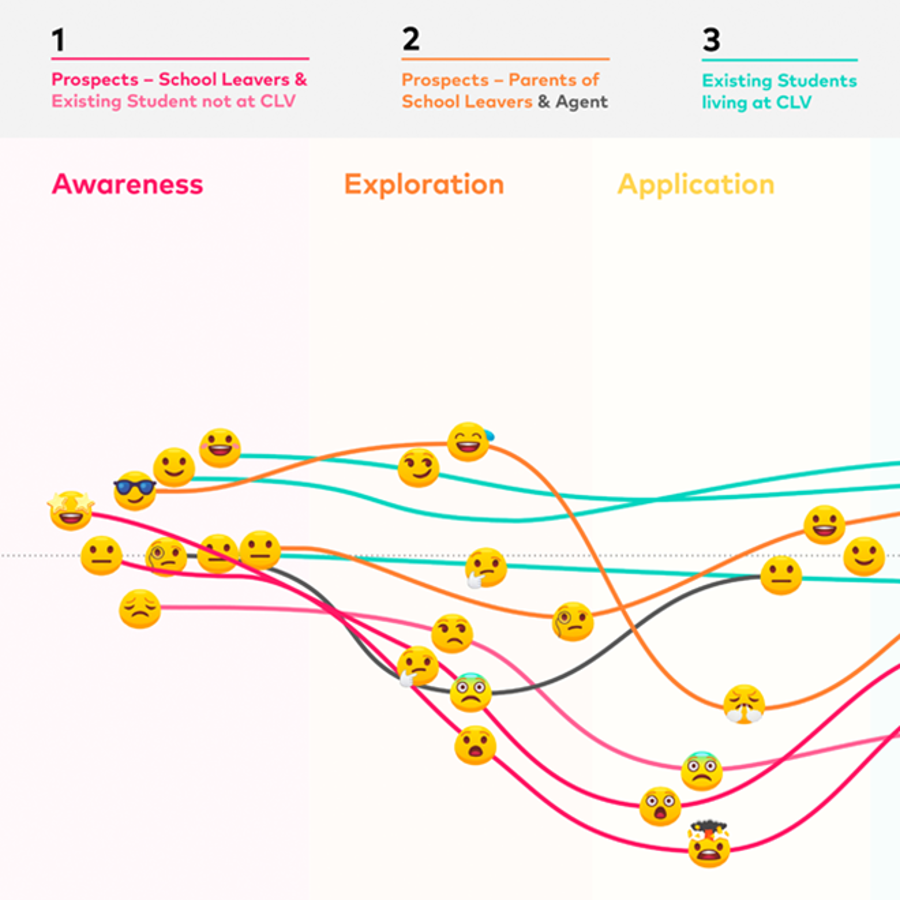 Example of CLV affinity mapping, user journeys and personas development based on interviews with the end users.