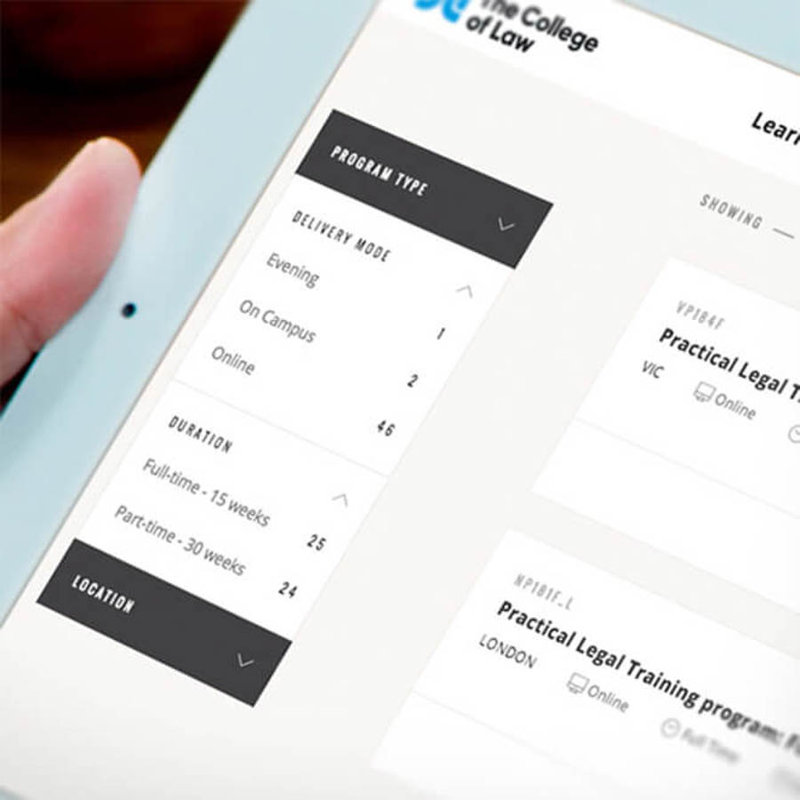 Screenshot of College of Law website showing smart filering
