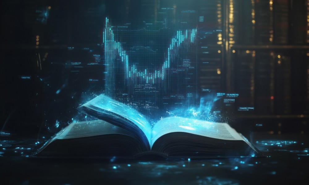 Open book emitting a holographic data and code, suggesting artificial intelligence.