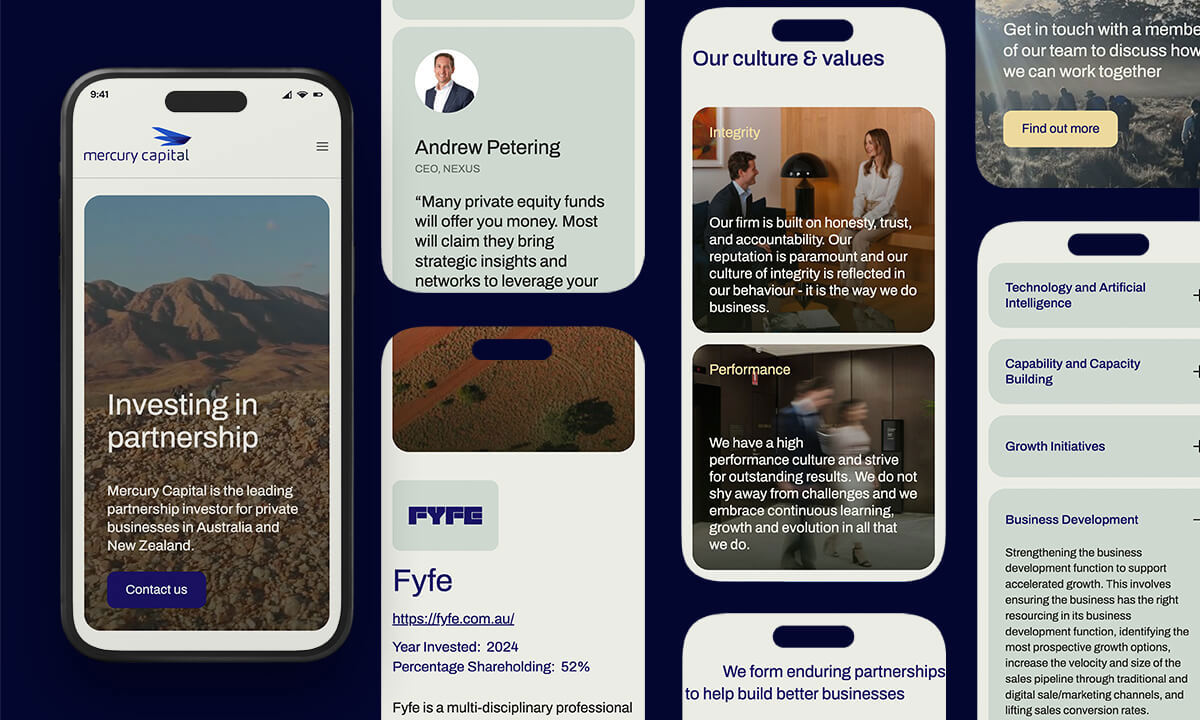 A selection of screenshots from the new Mercury Capital website, displayed on mobile phones.