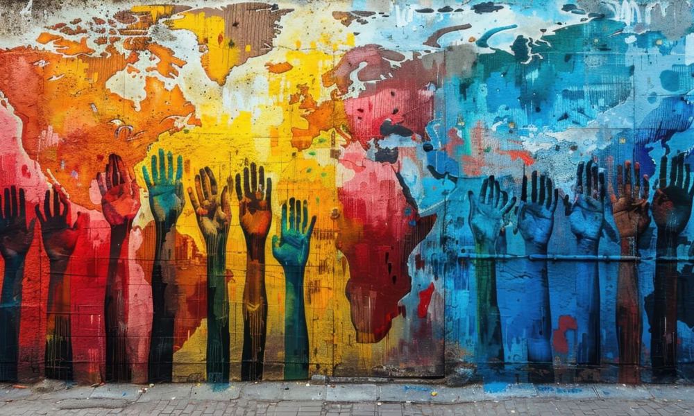 Colorful mural of a world map with raised hands, symbolizing importance of humans with AI
