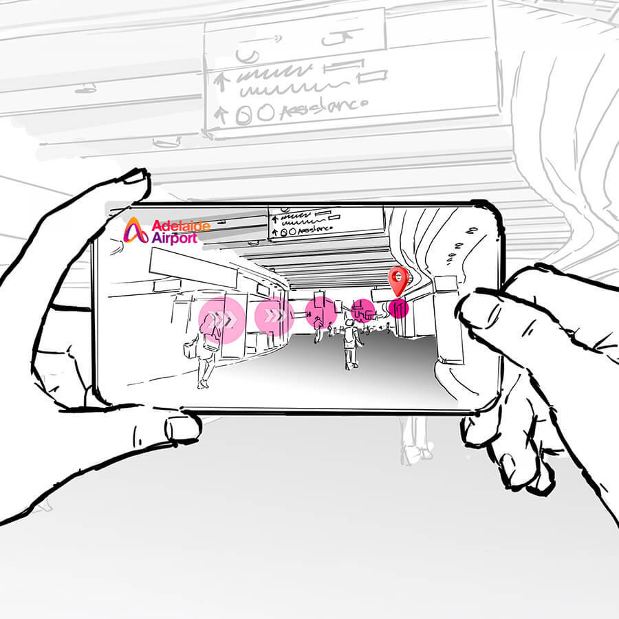 An early storyboard design showcasing someone holding a phone inside Adelaide airport that shows live wayfinding directions