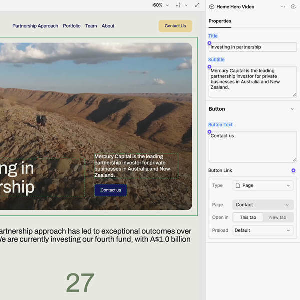 An example of the Webflow CMS experience, where the user has selected the homepage hero module to edit.