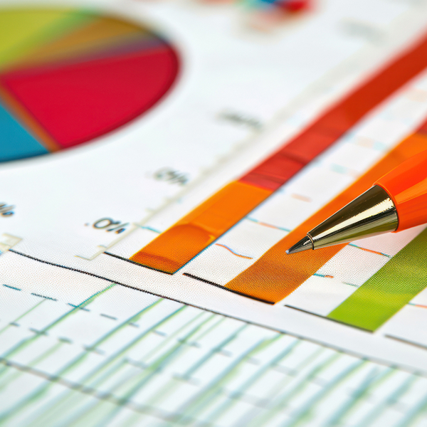 Close up image of pen with survey and graphs in background