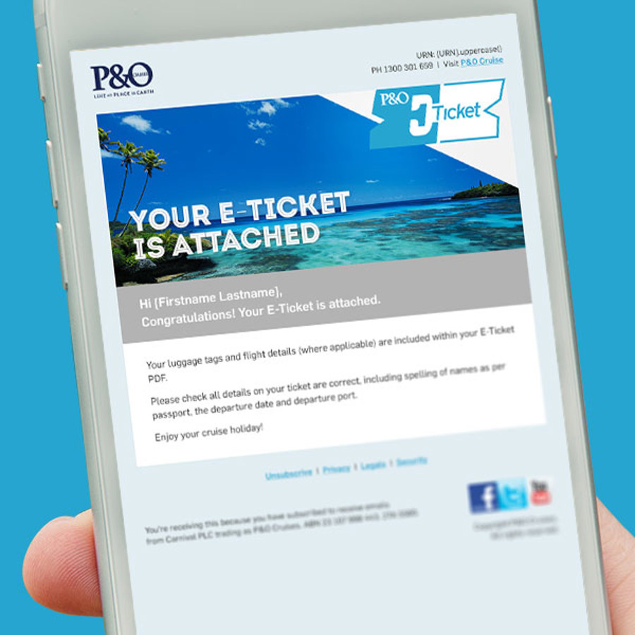 Hand holding mobile phone showing P&O E-ticket