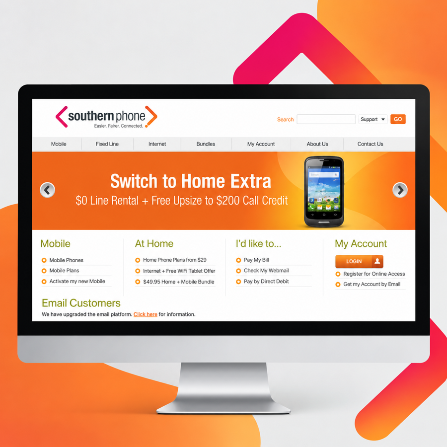 Image of computer screen displaying Southern Phones website with logo background