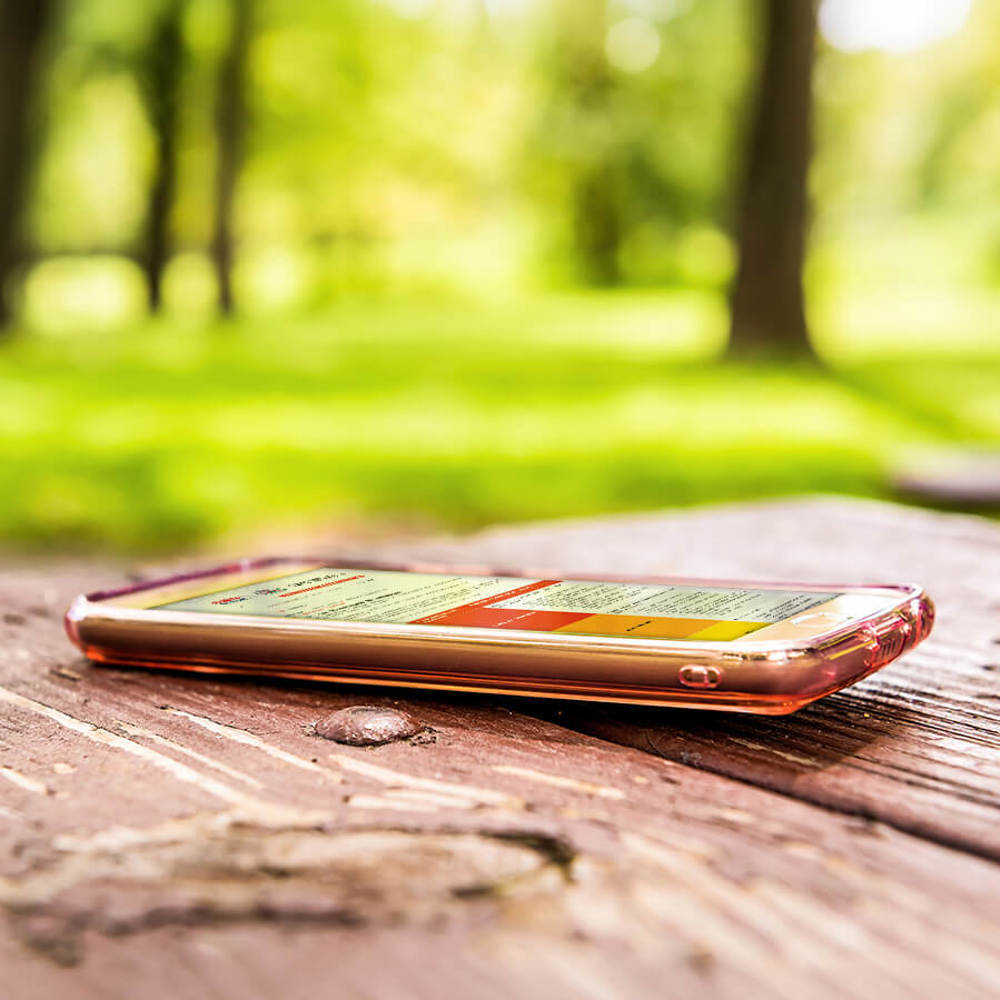 Mobile phone resting on a wooden park bench in a park, with the RFS NSW webpage open on the screen.