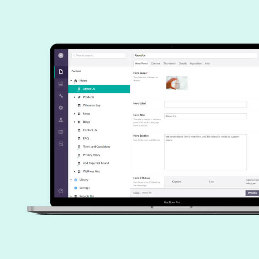 Image of half laptop screen displaying Umbraco CMS platform for BioIsland