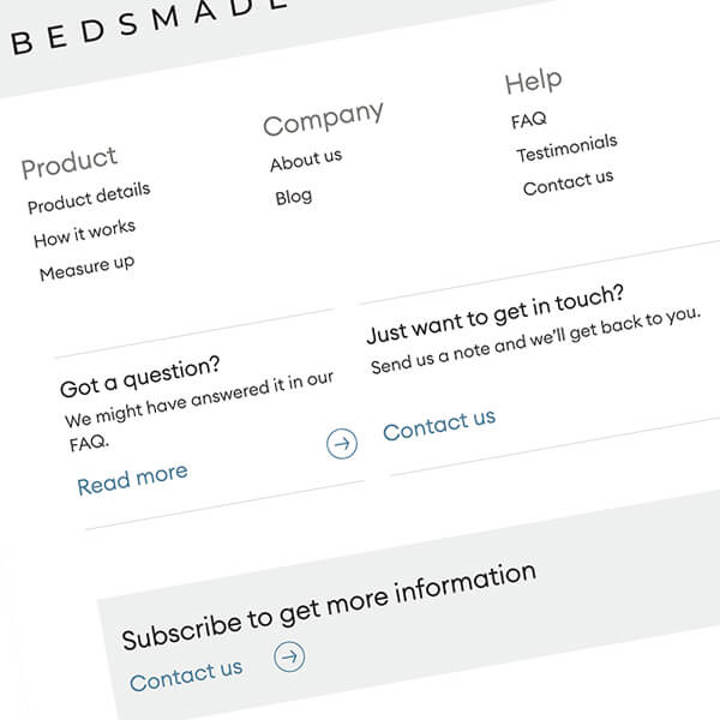 Bedsmade website navigation menu content hierarchy.