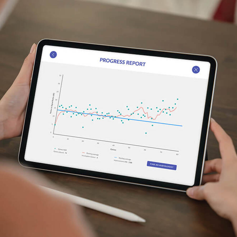 Sound Storm Progress report displayed on device held by hand