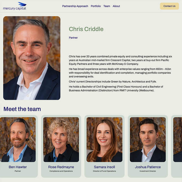 Example of a staff member's webpage, which can be edited by Mercury Capital within the Webflow CMS.