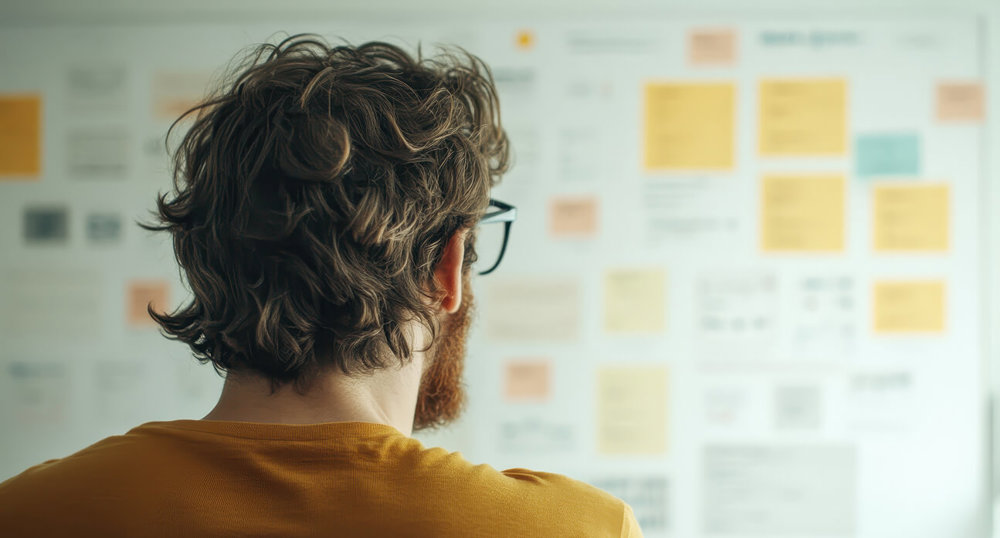 An depiction of a business-owner gleaning insights from a research-board. 